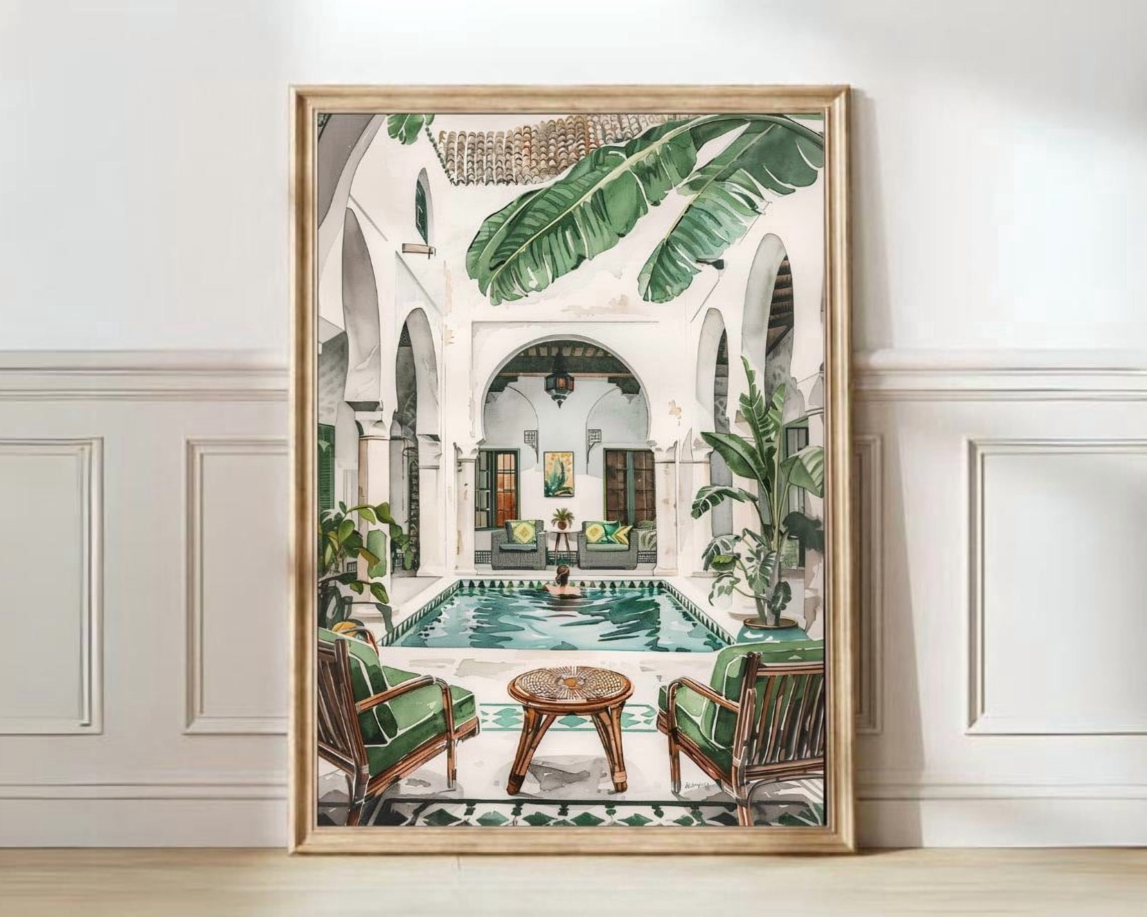 Morocco Riad Travel Poster, Swimming Pool Gouache Illustration And ...