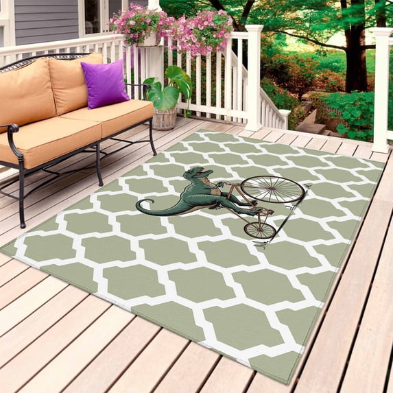 Morocco Sage Green Outdoor Rug for Patio/Deck/Porch, Non-Slip Large Area Rug 4 x 6 Ft, Cute Dinosaur Bike Vintage Indoor Outdoor Rugs Washable Area Rugs, Reversible Camping Rug Carpet Runner