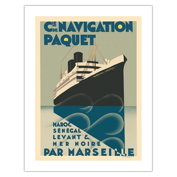 Morocco Senegal Levant and Black Sea By Marseilles - Compagnie de Navigation Paquet - Vintage Ocean Liner Travel Poster by Max Ponty c.1930s - Bamboo Fine Art 290gsm Paper (Unframed) 17x22in