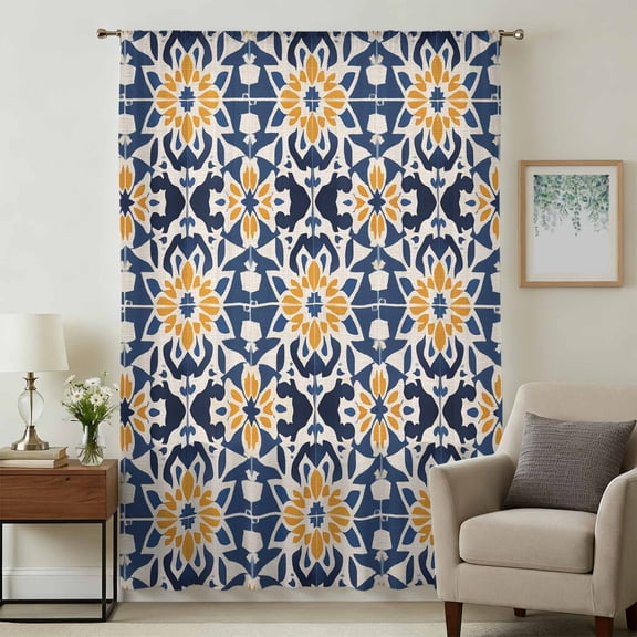 Morocco Sheer Curtains 96 Inches Long, Orange Blue Plaid Boho Bohemian Mexican Aztec Light Filering Curtains, Privacy Drapes Simi Floor to Veiling Curtain for Living Room Bedroom Window Treatment