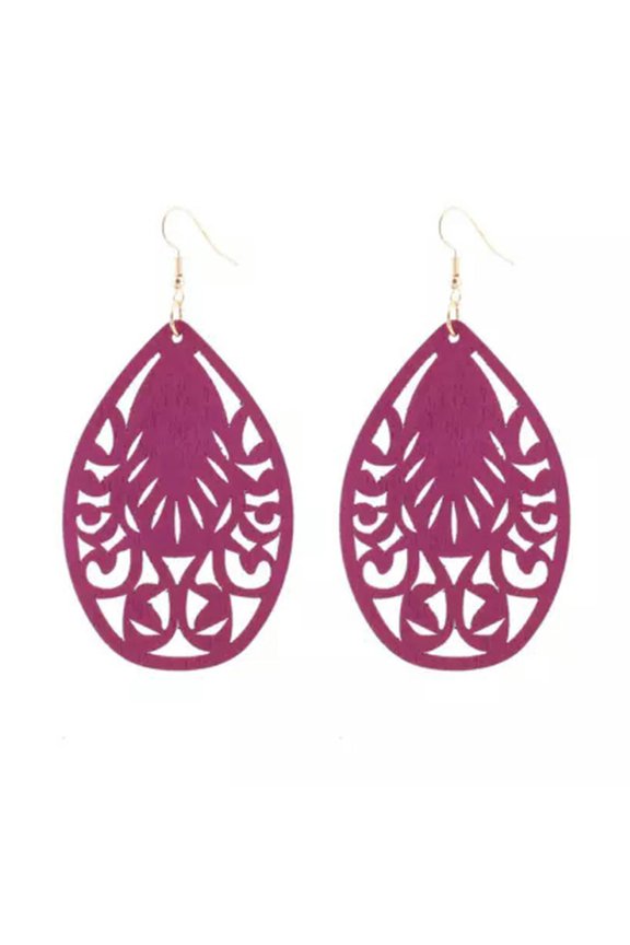 Morocco Teardrop Wood Statement Earrings Ethnic Solid Floral Wooden Jewelry Gift