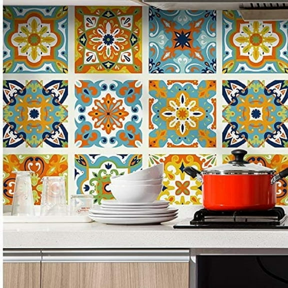 Morocco Tiles Peel and Stick Wallpaper Removable Orange/Blue/White Kitchen backsplash Bathroom 17.7in x 9.8ft contactpaper