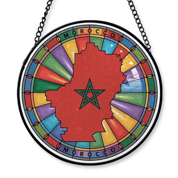 Morocco Travel Decor Suncatcher Stained Glass Window Hanging, Gift for Traveller, Collection of Country Travel Souvenirs for Family and Friends, Morocco Map and Flag Décor