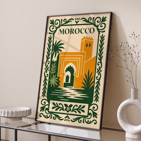 Morocco Travel Poster Botanical Architecture Wall Art, Unframed Canvas 12x16in