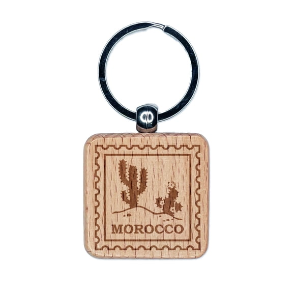 Morocco Travel Saguaro Desert Cactus Square Keychain Charm Tag - Engraved Wood