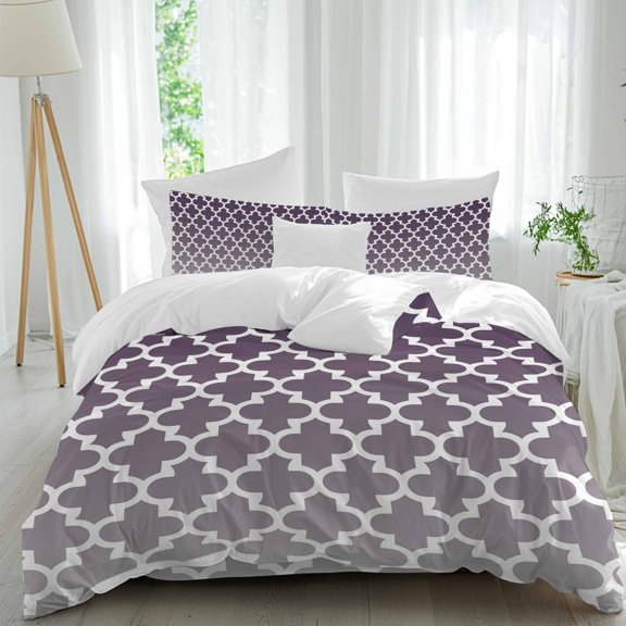 Morocco Trellis Duvet Cover Set King Size, Abstract Geometric Purple Grey Ombre 4 Piece Soft Microfiber Bedding Set with 1 Duvet Cover, 1 Flat Sheet, 2 Pillowcases