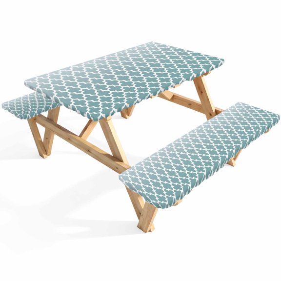 Morocco Trellis Picnic Table Cover with Bench Covers Abstract Geometric Turquoise Ombre Waterproof Fitted Picnic Tablecloth 3 Pieces Set Table Cloth for Outdoor Camping Garden BBQ