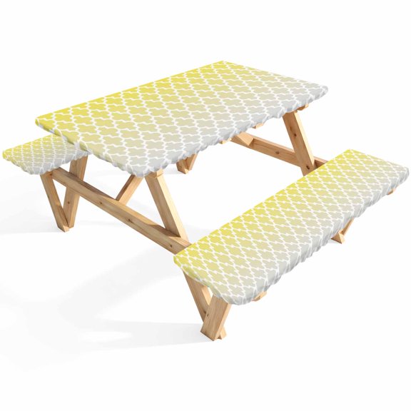 Morocco Trellis Picnic Table Cover with Bench Covers Abstract Geometric Yellow Grey Ombre Waterproof Fitted Picnic Tablecloth 3 Pieces Set Table Cloth for Outdoor Camping Garden BBQ