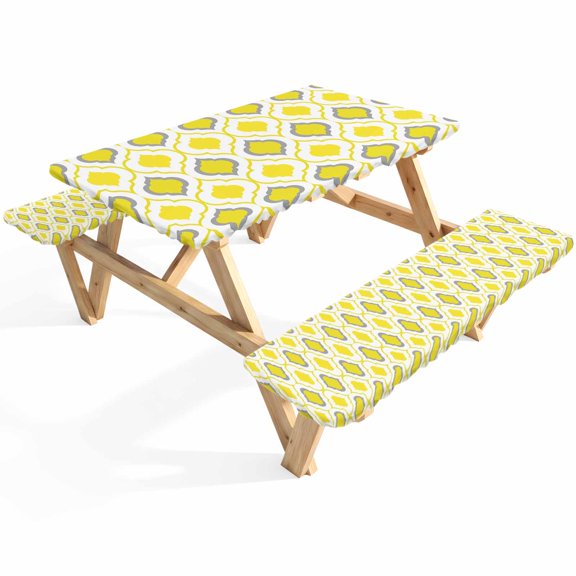 Morocco Trellis Picnic Table Cover with Bench Covers Yellow Grey Abstract Geometric Waterproof Fitted Picnic Tablecloth 3 Pieces Set Table Cloth for Outdoor Camping Garden BBQ