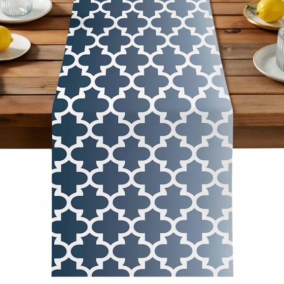 Morocco Trellis Table Runner, Abstract Geometric Blue Grey Ombre Cotton Linen Table Cloth, Tablerunner for Kitchen Dining Party Wedding Home Decor 13x36 Inch