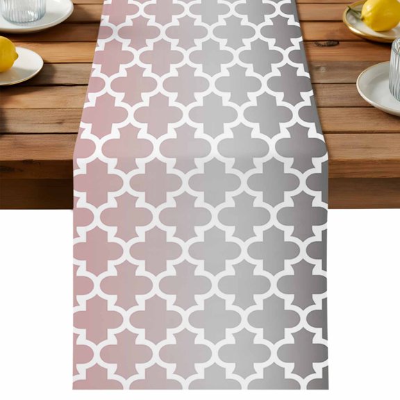 Morocco Trellis Table Runner, Abstract Geometric Grey Pink Ombre Cotton Linen Table Cloth, Tablerunner for Kitchen Dining Party Wedding Home Decor 13x36 Inch