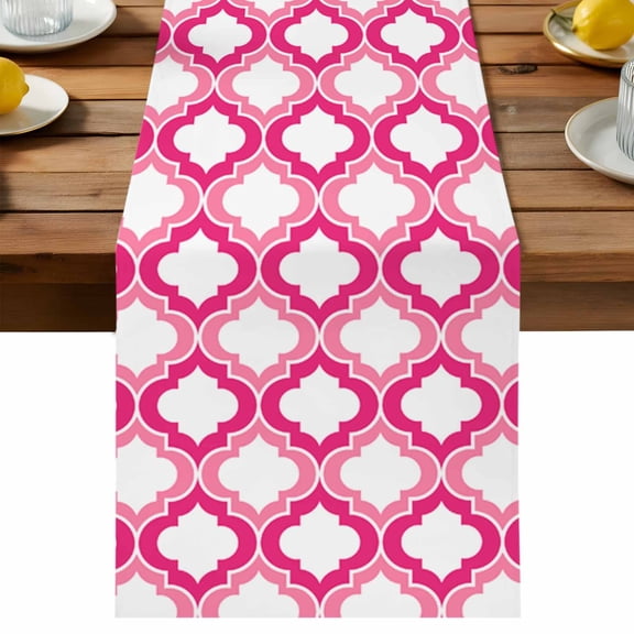 Morocco Trellis Table Runner, Pink Abstract Geometric Cotton Linen Table Cloth, Tablerunner for Kitchen Dining Party Wedding Home Decor 13x36 Inch