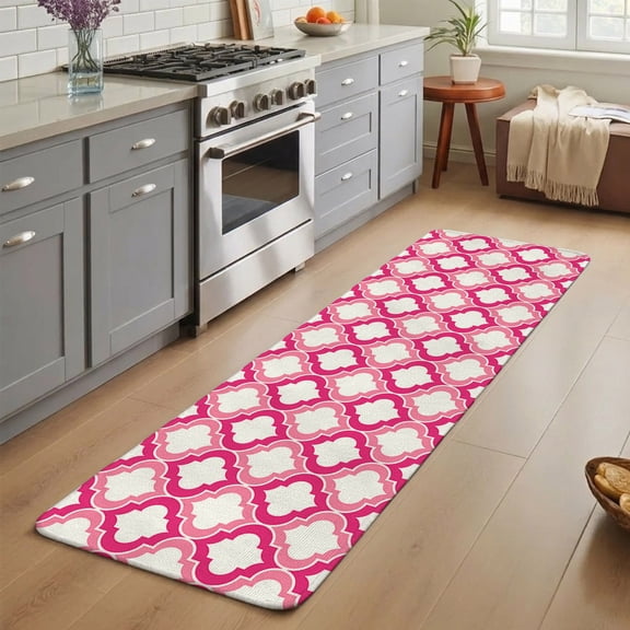 Morocco Trellis Washable Runner Rug 3X5 ft Pink Abstract Geometric Non-Slip Hallway Runner Rug, Linen Kitchen Runner Mats, Indoor Floor Carpet for Entryway Bathroom Bedroom Living Room
