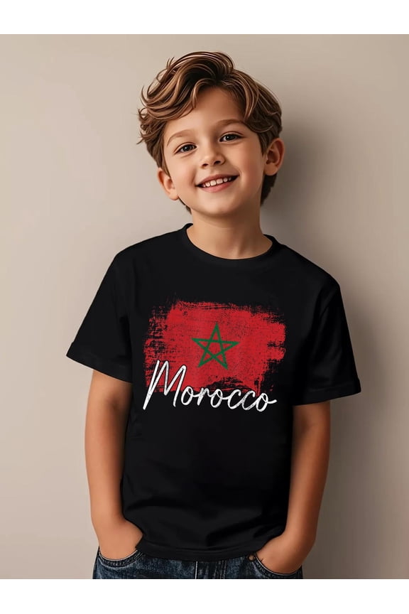 Morocco Vintage Flag Moroccan African Kids T-Shirt Kids Graphic Tee Soft Cotton Short Sleeve Casual Shirt