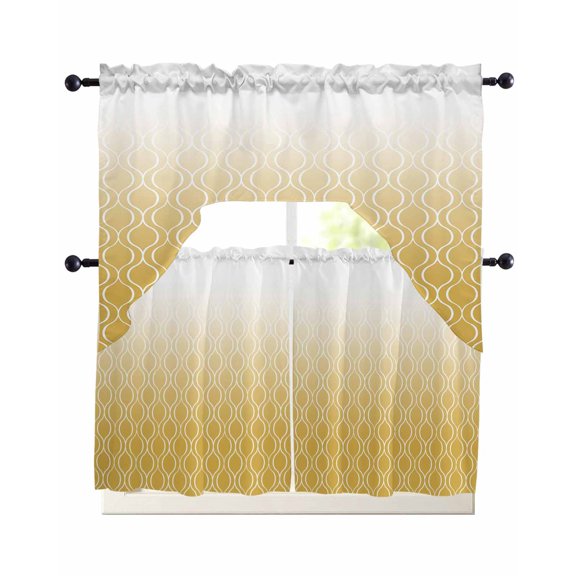 Morocco Yellow Kitchen Curtains Sets 24 Inch Length with Valance, Geometric Abstract Plaid Gradient Swag Valances and Tiers Curtain Set Drapes Swag Curtains for Living Room, Bathroom, Bedroom, Cafe