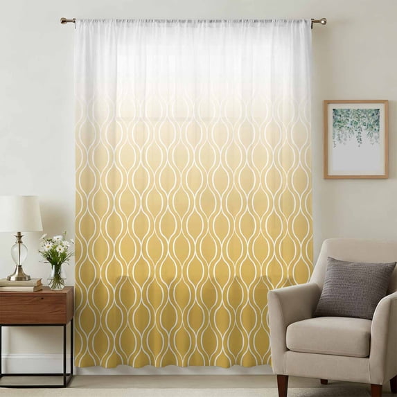 Morocco Yellow Sheer Curtains 63 Inches Long, Geometric Abstract Plaid Gradient Light Filering Curtains, Breathable Simi Curtain Privacy Drapes for Living Room Bedroom Lightweight Window Treatment