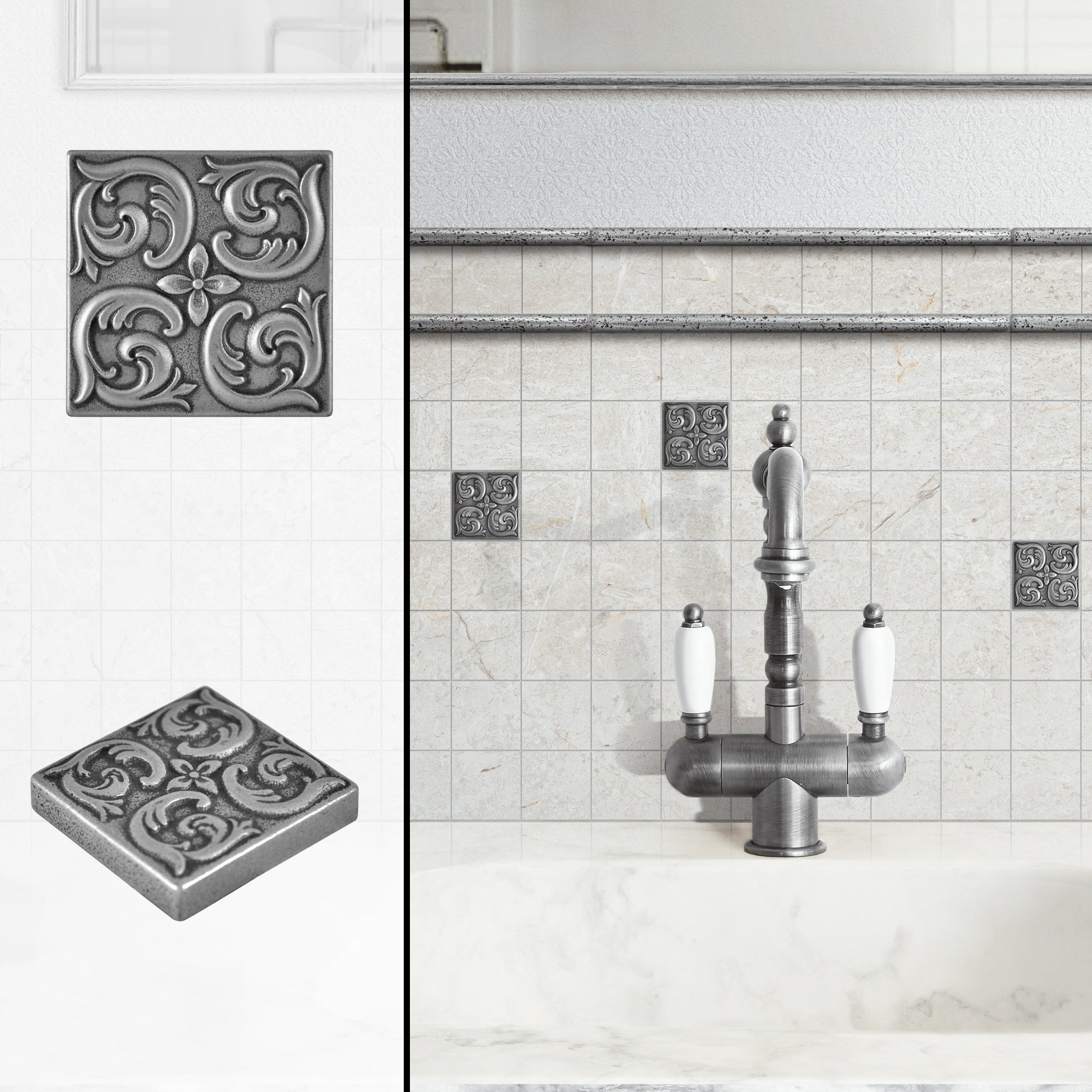 Pewter Nickel Hand Painted Resin Decorative Accent Tile Set