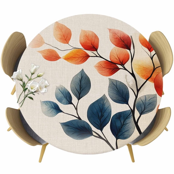 Moroccon Round Tablecloth 36-44 Inch Round Fitted Table Cloth with Elastic Edge, Orange Blue Leaves Waterproof Table Cover Protector for Outdoor Picnic Party Dining