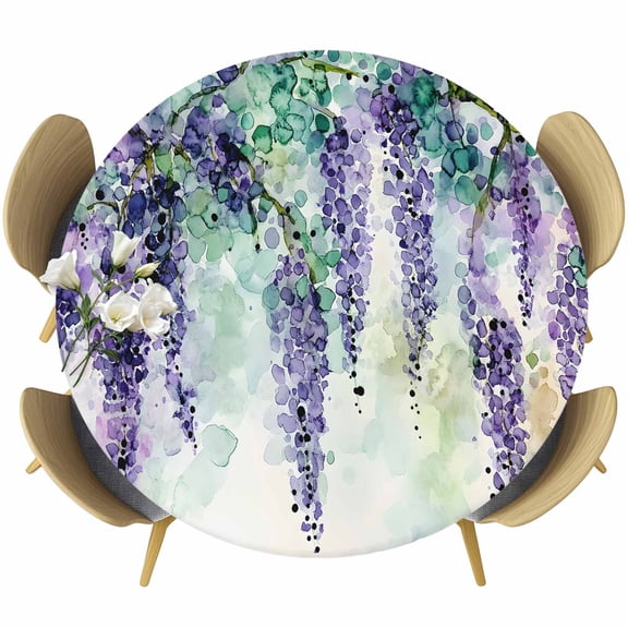 Moroccon Round Tablecloth 36-44 Inch Round Fitted Table Cloth with Elastic Edge, Purple Leaves Waterproof Table Cover Protector for Outdoor Picnic Party Dining