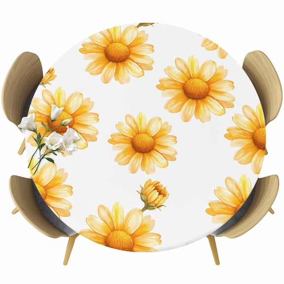 Moroccon Round Tablecloth 36-44 Inch Round Fitted Table Cloth with Elastic Edge, Yellow Flowers Waterproof Table Cover Protector for Outdoor Picnic Party Dining