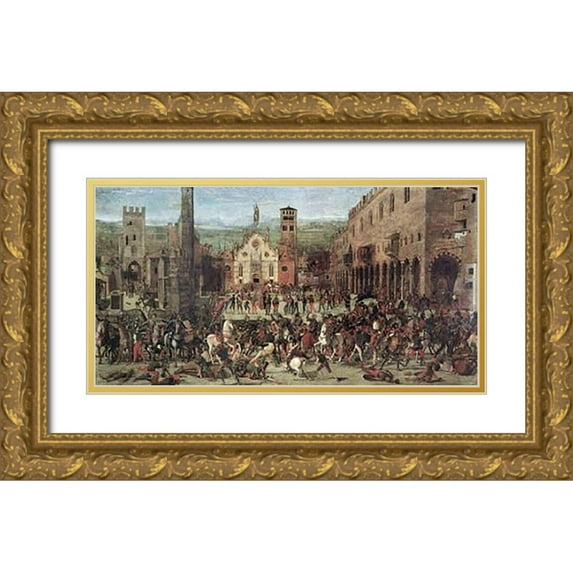 Morone, Domenico 24x14 Gold Ornate Wood Framed with Double Matting Museum Art Print Titled - Expulsion of The Bonacolsi