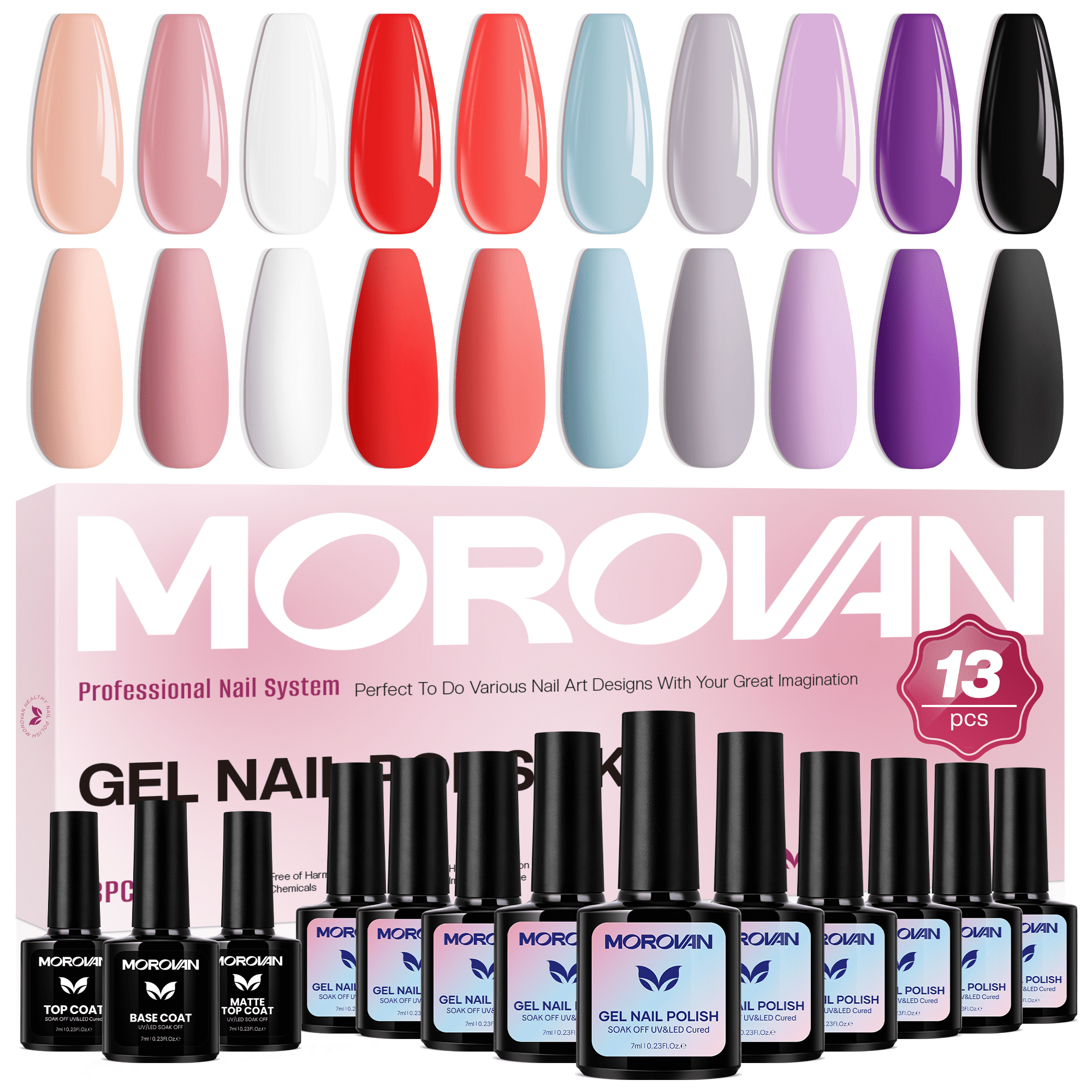 Morovan 10-Color Gel Nail Polish Set with Base & Top Coat – Vivid Reds, Soft Blues, Elegant Purples & More for All-Season Manicures