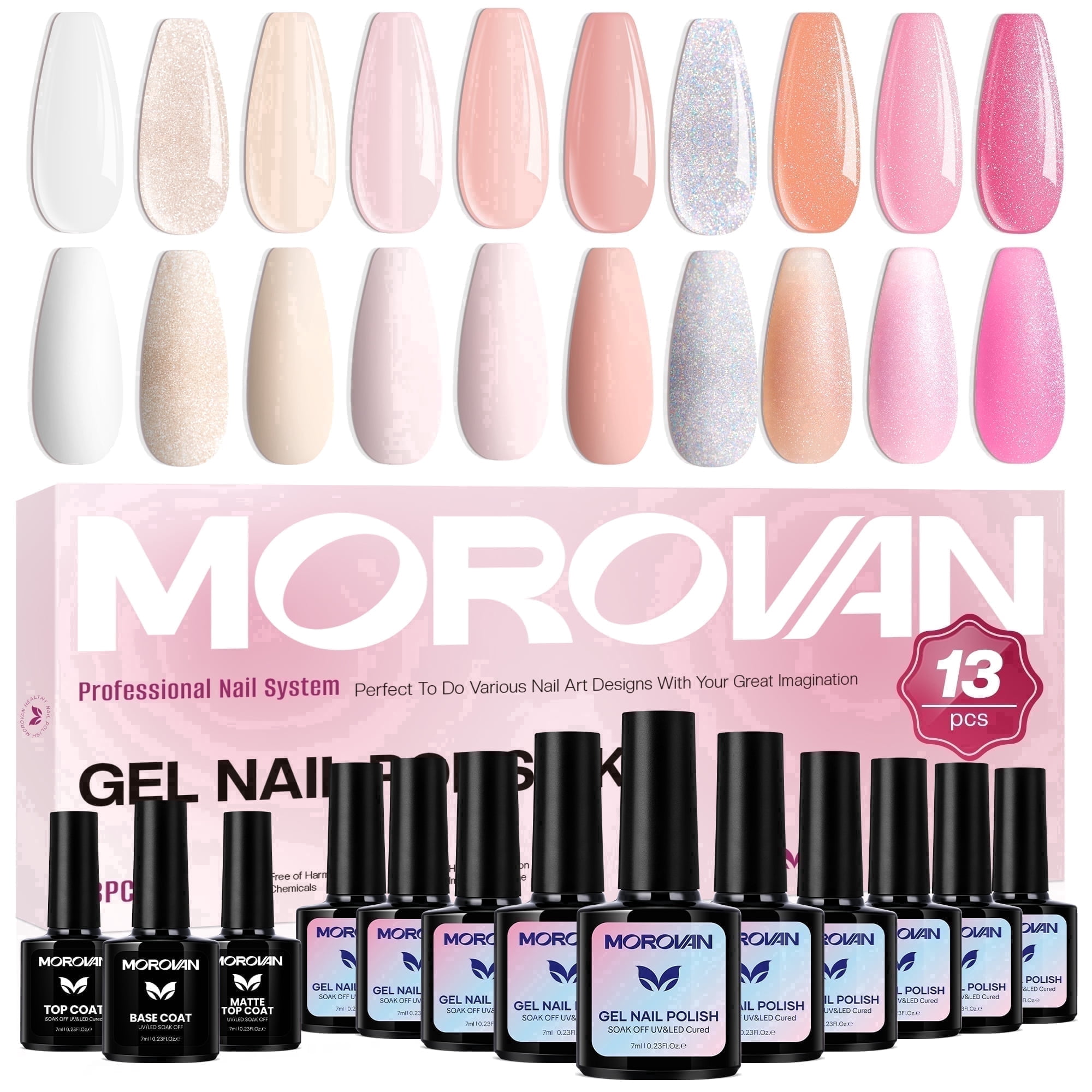Morovan 10-Color Gel Nail Polish Set,Milky White Nude Pink Sheer with Base Coat,Top Coat & Matte Top Coat,Gift Set for Women