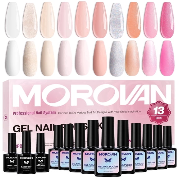 Morovan 10-Color Gel Nail Polish Set,Milky White Nude Pink Sheer  with Base Coat,Top Coat & Matte Top Coat,Gift Set for Women