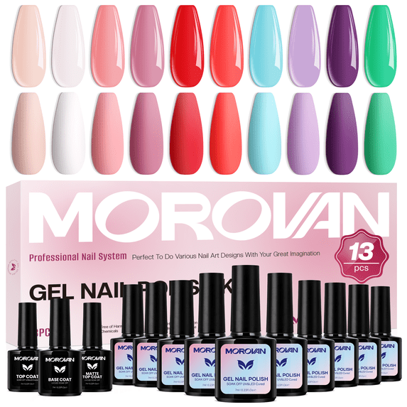 Morovan 10-Color Macaron Gel Nail Polish Set,with Base & Top Coat for for All Season DIY Home Manicure Kit