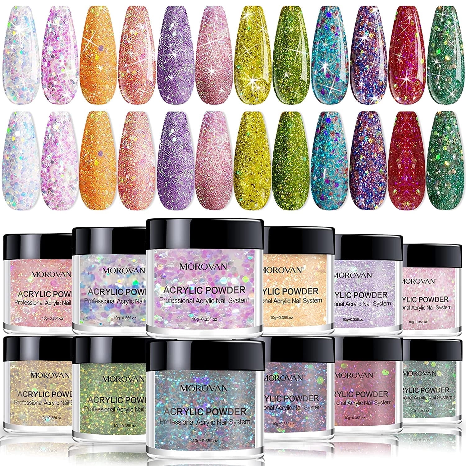 Morovan 12 Colors Acrylic Powder Set Glitter Professional Polymer Colored Powder