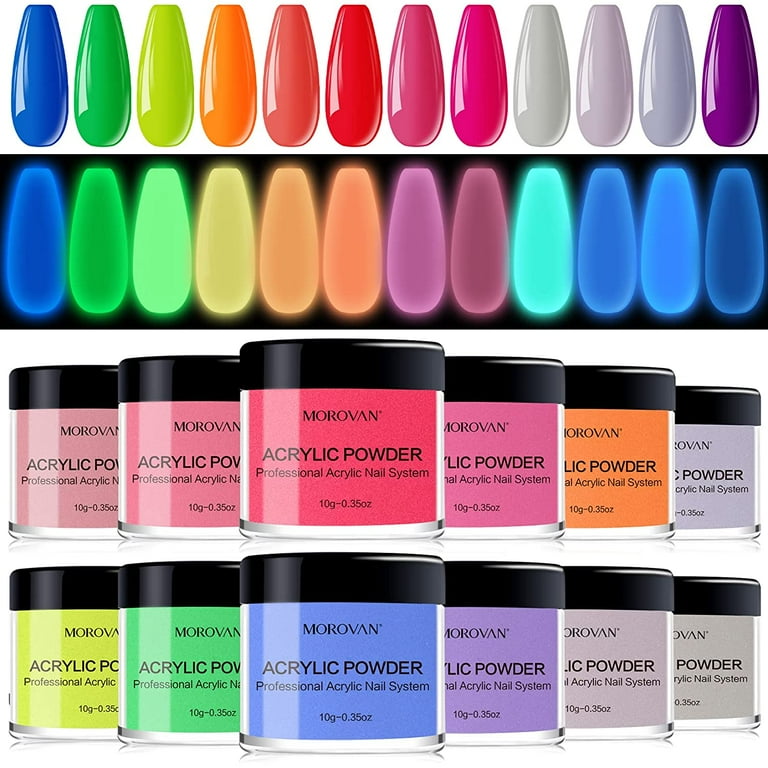 Morovan 12 Colors Acrylic Powder Set Glow in the Dark Luminous Colors Polymer Powder