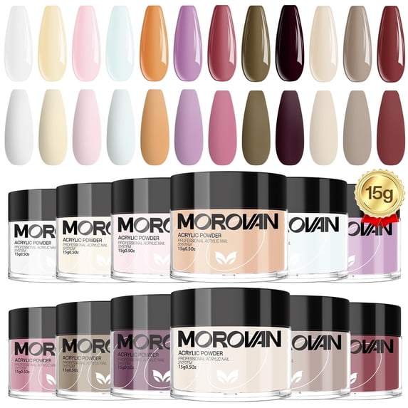 Morovan 12 Colors Professional Acrylic Powder Set with Glitter – 15g/0.5oz Polymer Powder for Nail Extensions, Carving, 3D Art
