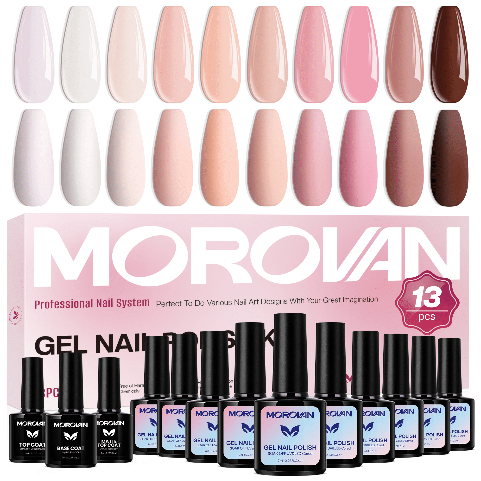 Morovan 13-Piece Sheer Nude Pink Gel Nail Polish Set with Base Coat, Top Coat & Matte Top Coat for Easy DIY Manicure