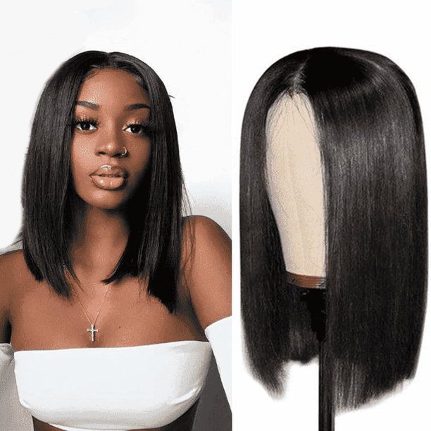 Morovan 15 inch Black Short Straight Hair Bob Wig With Bangs 