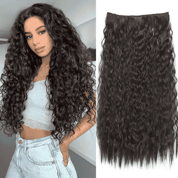 Morovan 22 Inch Wavy Clip-In Hair Extensions - 5-Piece Set Natural Black Synthetic Hair for Wom， long and fluffy, easy to wear