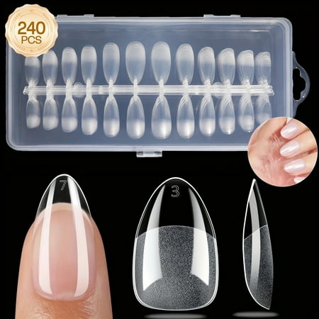 Morovan 240pcs Nude Almond Shaped Short Acrylic Nail Tips, Frosted Matte Finish, Semi-Coverage Soft Gel Press-on False Nails for Salon Use - 12 Sizes