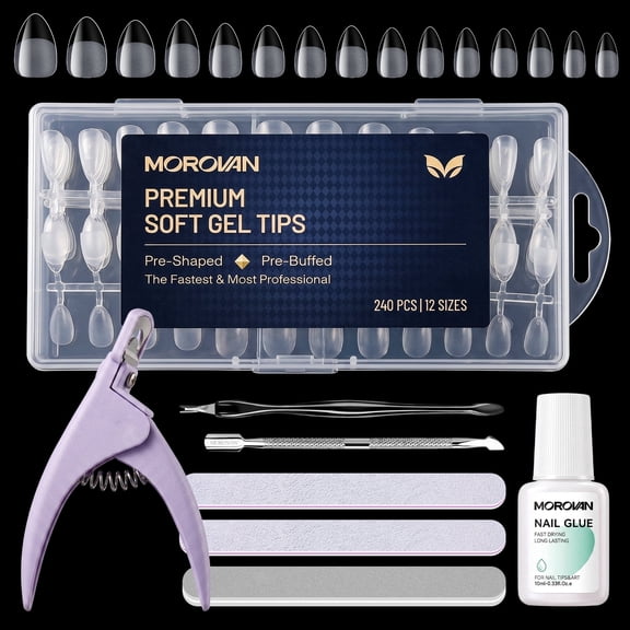 Morovan 240Pcs Almond Nail Tips with Quick-Dry Glue, Cuticle Pusher, Nail Files & Manicure Tools,Complete DIY Acrylic Nails Set for Home Salon