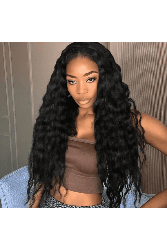 26 Inch Long Deep Wave Black Wig for Women, Lace Front Synthetic Curly Wig, Heat Resistant Fiber, Natural Full Look