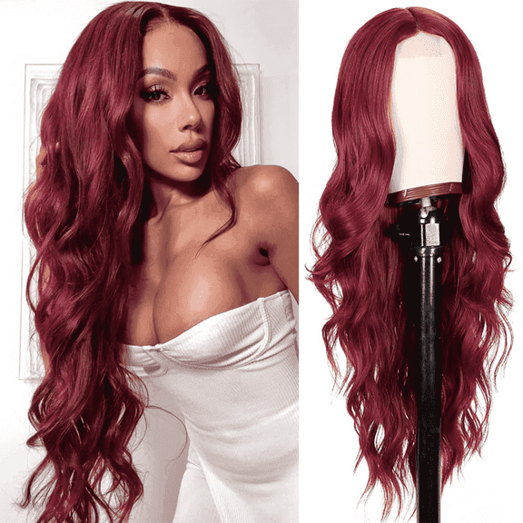Morovan 28 Inch Wine Red Body Wave Heat Resistant Synthetic Fiber Wig - Adjustable Breathable Cap for Women, Natural Look for Daily & Special Occasions