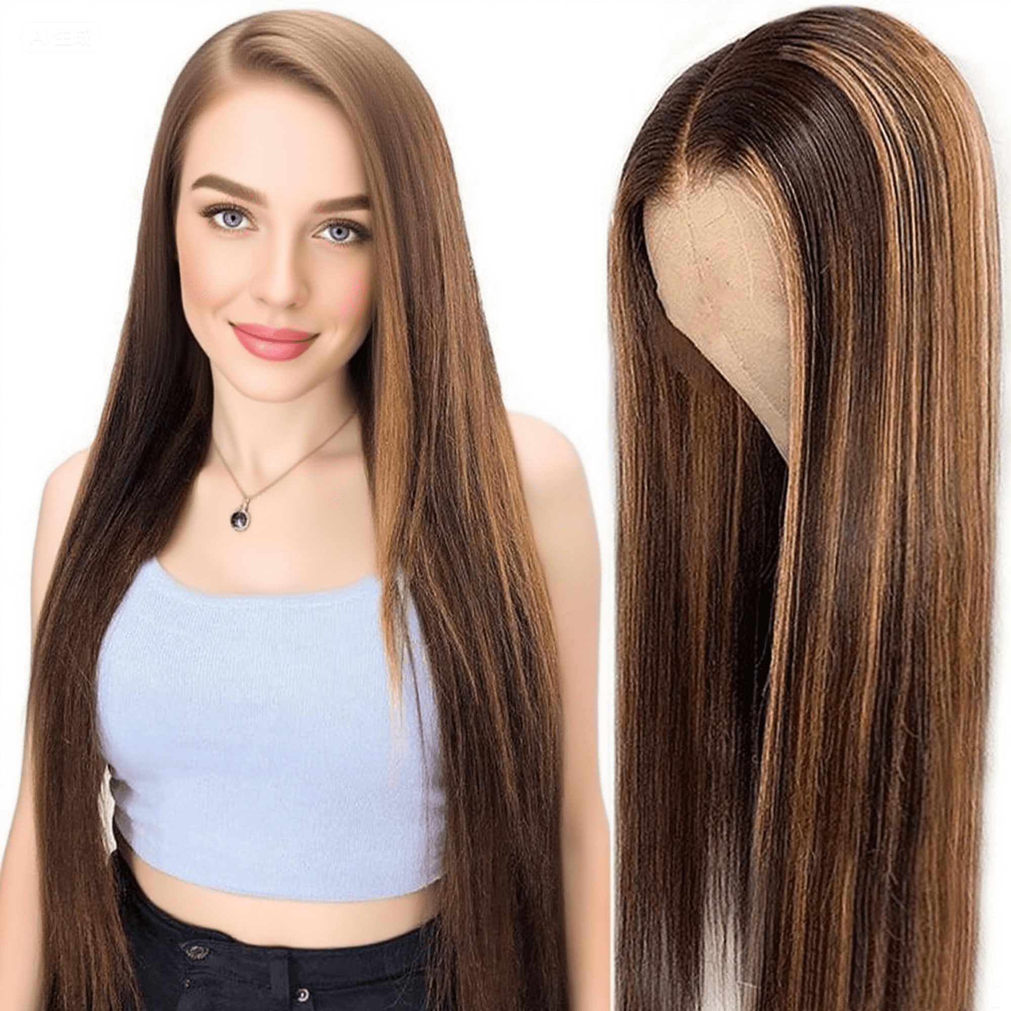 Morovan 28 inch lace front synthetic wig provides women with long straight brown mixed blonde synthetic wig