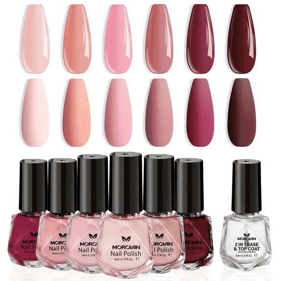 Morovan 7 Pcs Neutral Nude Pink Nail Polish Set, Soak Off Nail Polish Kit with 2 IN 1 Base and Top Coat, Fall Winter DIY Home Salon Manicure Gift for Women & Girls