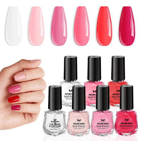Morovan 7 Pcs Pink Nail Polish Set, 6 Colors with Base & Top Coat, Quick Dry No UV Lamp Needed, Long Lasting Holiday Gift for Women & Girls