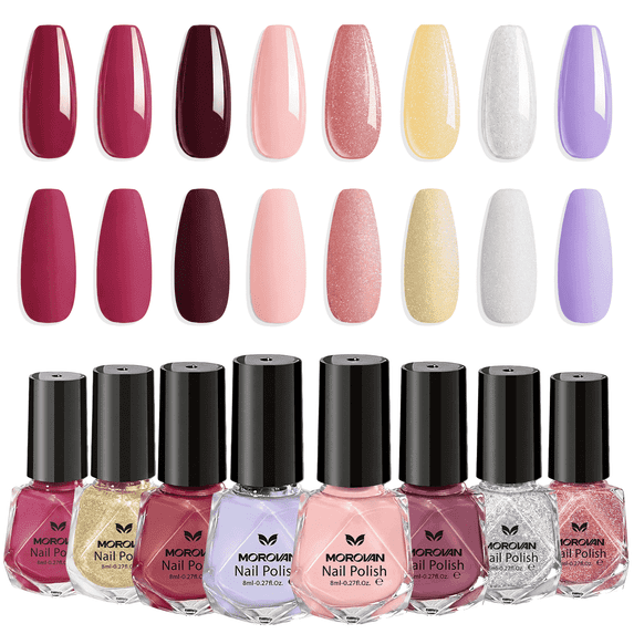 Morovan 8 Colors Nail Polish Set,Glossy & Glitter Finishes, Wine Red, Plum, Pink, Nude, Lavender & White Shades, Long-Lasting Regular Nail Polish for DIY Manicure & Home Use