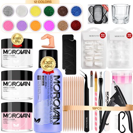 MOROVAN Acrylic Nail Art Set: 3 Bottles Of Clear Acrylic Powder Combination, One Bottle Of Nail Liquid, A Tool Kit With Nail Clippers and 12 Color Glitter Powder
