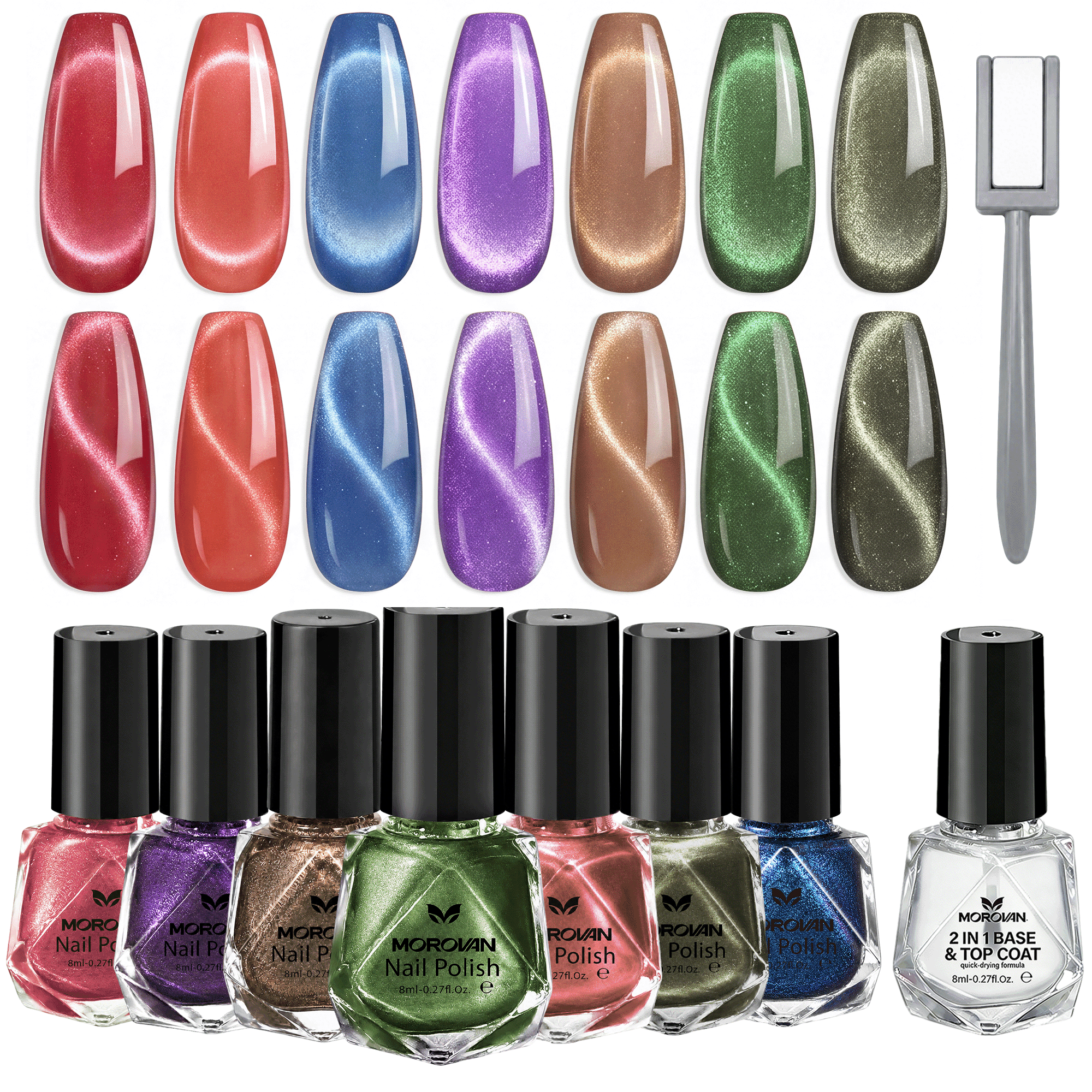 Morovan 8Pcs Cat Eye Gel Nail Polish Set with 2-in-1 Base & Top Coat ...