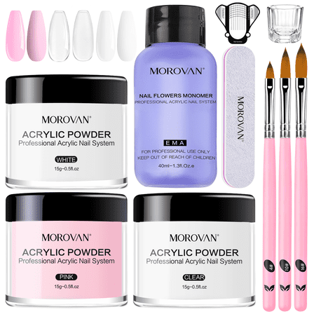 Morovan Acrylic Nail Kit - Clear Pink & White Powder with Liquid Set, Nail Brush & Storage Case,Beginner DIY at Home