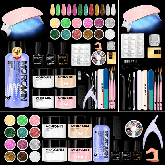 Morovan Acrylic Nail Kit with U V Light for Beginners,Complete DIY Set with 12pcs Glitter Powders,Nail Tips & Nail Art Tools Gift for Women