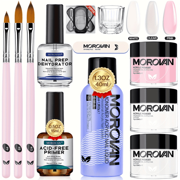 Morovan Acrylic Nail Kit: Clear Pink White Powder and Professional Liquid Set for Nail Extension - DIY at Home With Brush for Beginners
