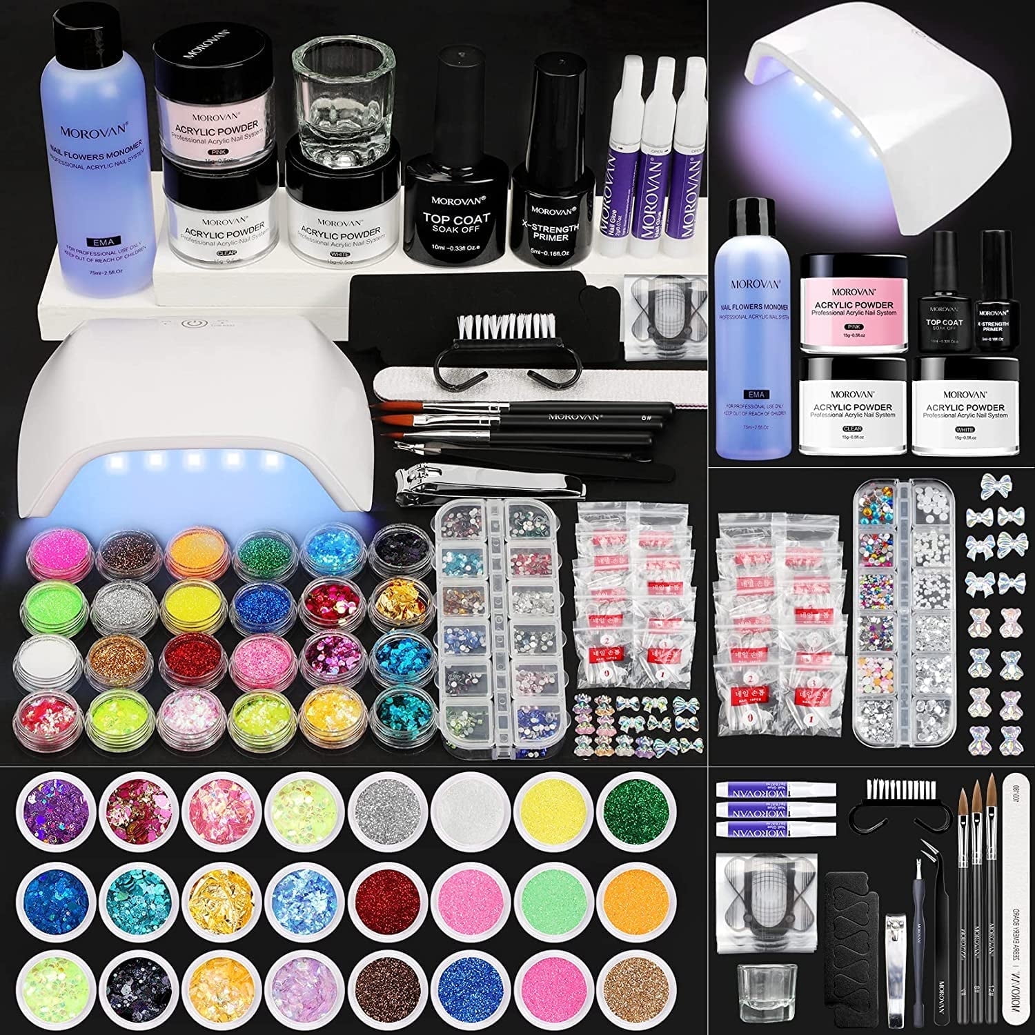 Morovan Acrylic Nail Kit Glitter Acrylic Powders Monomer Liquid Set Professional with Everything with Lamp Nail Tips Acrylic Brushes DIY Nail Decoration Tools