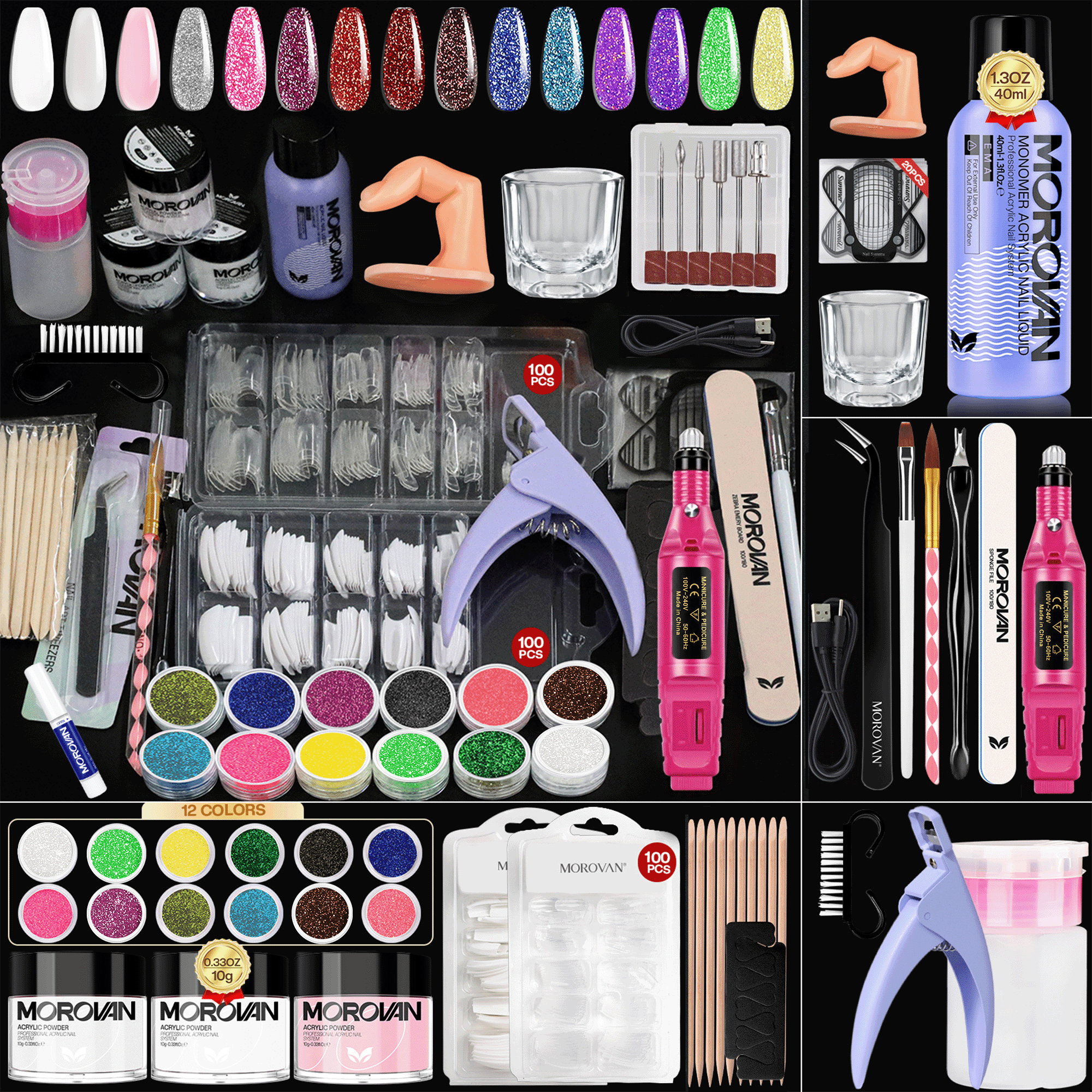 Custom Nail Set Morovan Acrylic Nail Kit with Electric Nail Drill, 12 Colors Acrylic ...